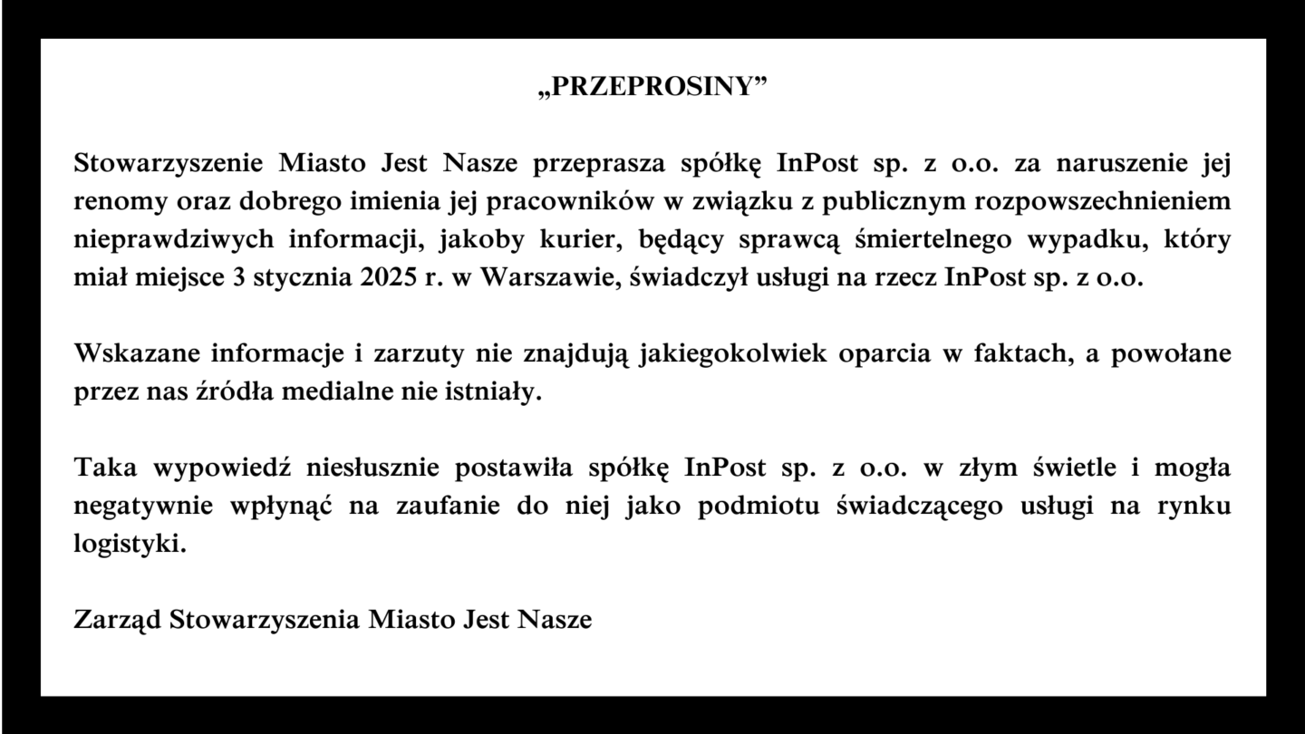 Stowarzyszenie Miasto Jest Nasze przeprasza InPost sp. z o.o.